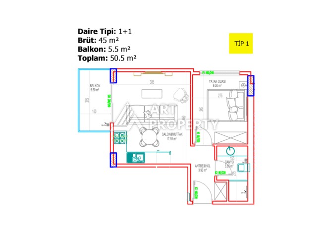 Двухкомнатная квартира 50 кв.м. в 10 минутах от центра Авсаллара. - Ракурс 16