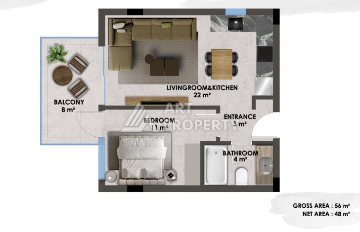 Квартиры 1+1 и дуплексы 2+1 и 3+1 в 200 метрах то моря в районе Кестель. - Ракурс 22
