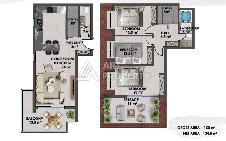 Квартиры 1+1 и дуплексы 2+1 и 3+1 в 200 метрах то моря в районе Кестель. - Ракурс 26
