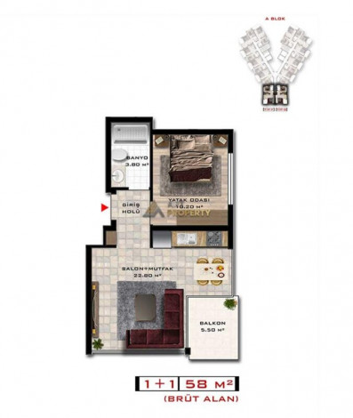 Квартира планировки 1+1, 60м2 в ЖК на стадии строительства, район Махмутлар - Ракурс 29