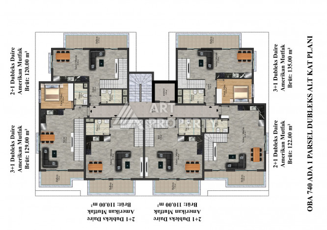 Апартаменты планировки 1+1 61м2, 2+1 79-125м2, 3+1 135м2, в районе Оба - Ракурс 3