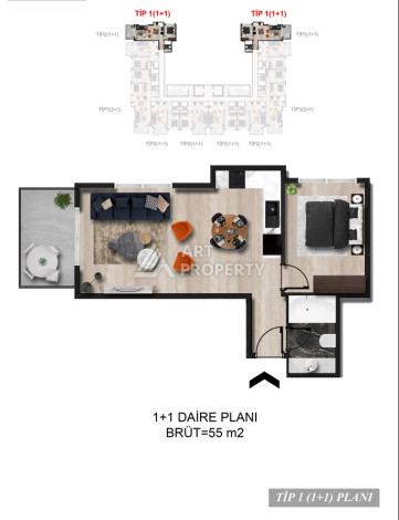 Апартаменты 1+1, 58,5м2, в премиальном жилом комплексе, в районе Авсаллар - Ракурс 13