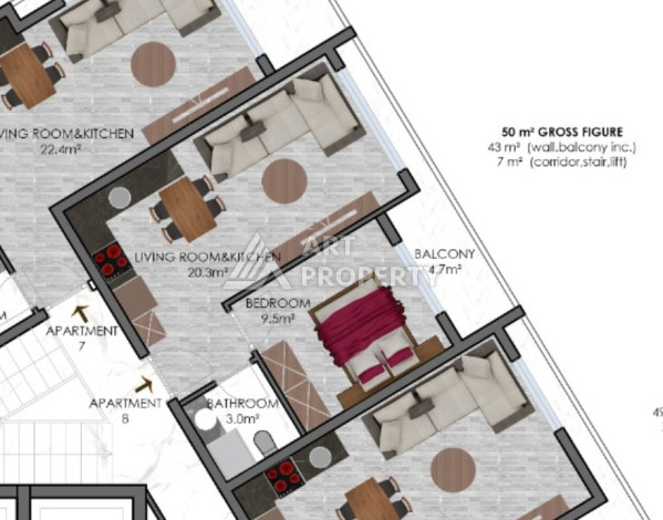 Апартаменты 1+1 в центре Алании - Ракурс 9